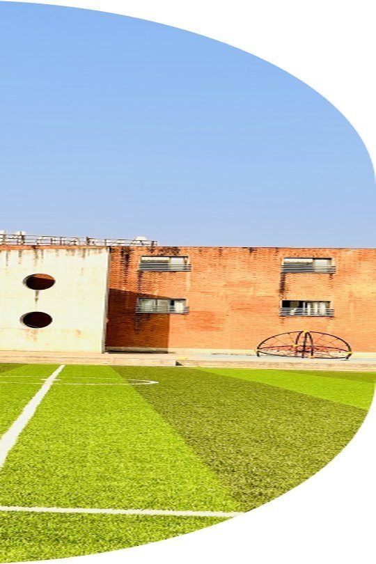 The school building beside the sports field